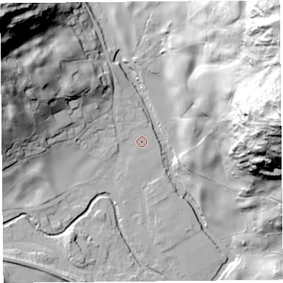 Shaded relief map of the ground around LA89QR, computed from Environment Agency LiDAR. The ground here sits at about 97 m above sea level and falls 110 m across the surrounding 800 m. Surface water reaching this point runs off ground lying to the north-north-east, 0.6 m higher.