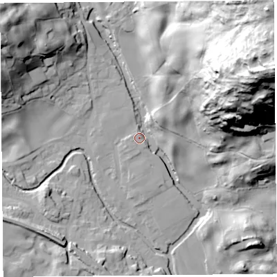 Shaded relief map of the ground around LA89QW, computed from Environment Agency LiDAR. The ground here sits at about 97 m above sea level and falls 115 m across the surrounding 800 m. Surface water reaching this point runs off ground lying to the west-south-west, 3.1 m higher.