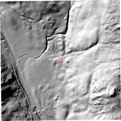 Shaded relief map of the ground around LA89QZ, computed from Environment Agency LiDAR. The ground here sits at about 119 m above sea level and falls 123 m across the surrounding 800 m. Surface water reaching this point runs off ground lying to the east, 86.3 m higher.