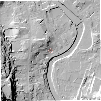 Shaded relief map of the ground around LA94AT, computed from Environment Agency LiDAR. The ground here sits at about 45 m above sea level and falls 47 m across the surrounding 800 m. Surface water reaching this point runs off ground lying to the west, 13.5 m higher.