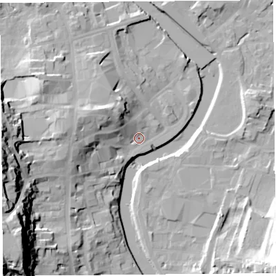 Shaded relief map of the ground around LA94AY, computed from Environment Agency LiDAR. The ground here sits at about 43 m above sea level and falls 41 m across the surrounding 800 m. Surface water reaching this point runs off ground lying to the west, 13.6 m higher.