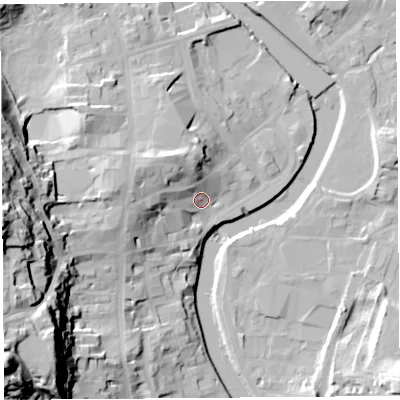 Shaded relief map of the ground around LA94AZ, computed from Environment Agency LiDAR. The ground here sits at about 46 m above sea level and falls 55 m across the surrounding 800 m. Surface water reaching this point runs off ground lying to the west, 12.6 m higher.