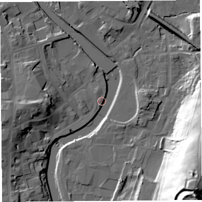 Shaded relief map of the ground around LA94BB, computed from Environment Agency LiDAR. The ground here sits at about 44 m above sea level and falls 57 m across the surrounding 800 m. Surface water reaching this point runs off ground lying to the north-west, 3.5 m higher.