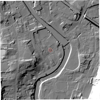 Shaded relief map of the ground around LA94BD, computed from Environment Agency LiDAR. The ground here sits at about 44 m above sea level and falls 41 m across the surrounding 800 m. Surface water reaching this point runs off ground lying to the west-south-west, 14.3 m higher.