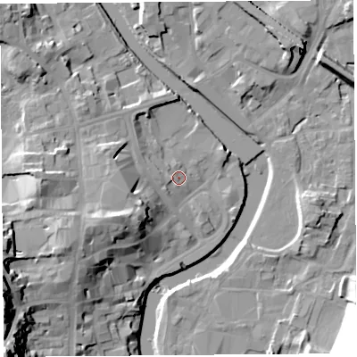 Shaded relief map of the ground around LA94BF, computed from Environment Agency LiDAR. The ground here sits at about 45 m above sea level and falls 37 m across the surrounding 800 m. Surface water reaching this point runs off ground lying to the west-north-west, 3.4 m higher.