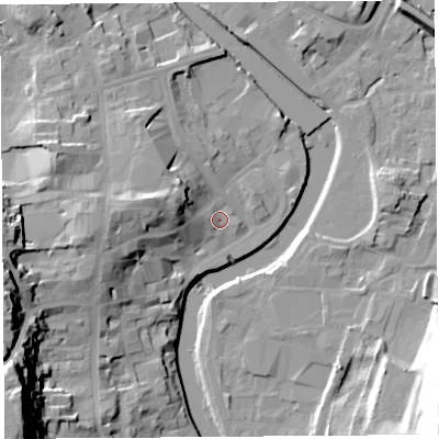 Shaded relief map of the ground around LA94BH, computed from Environment Agency LiDAR. The ground here sits at about 44 m above sea level and falls 40 m across the surrounding 800 m. Surface water reaching this point runs off ground lying to the west, 8.7 m higher.