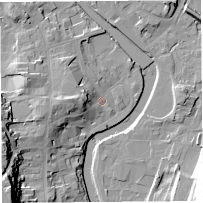 Shaded relief map of the ground around LA94BL, computed from Environment Agency LiDAR. The ground here sits at about 44 m above sea level and falls 40 m across the surrounding 800 m. Surface water reaching this point runs off ground lying to the west, 10.4 m higher.