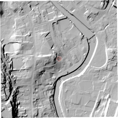 Shaded relief map of the ground around LA94BN, computed from Environment Agency LiDAR. The ground here sits at about 47 m above sea level and falls 43 m across the surrounding 800 m. Surface water reaching this point runs off ground lying to the west, 9.3 m higher.