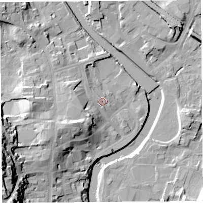 Shaded relief map of the ground around LA94BT, computed from Environment Agency LiDAR. The ground here sits at about 46 m above sea level and falls 38 m across the surrounding 800 m. Surface water reaching this point runs off ground lying to the south-west, 11.8 m higher.