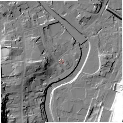 Shaded relief map of the ground around LA94BW, computed from Environment Agency LiDAR. The ground here sits at about 43 m above sea level and falls 45 m across the surrounding 800 m. Surface water reaching this point runs off ground lying to the west, 10.6 m higher.