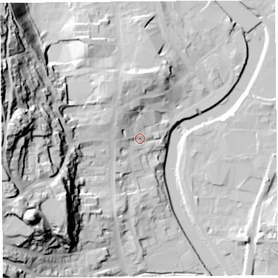 Shaded relief map of the ground around LA94DH, computed from Environment Agency LiDAR. The ground here sits at about 48 m above sea level and falls 61 m across the surrounding 800 m. Surface water reaching this point runs off ground lying to the north-west, 11.8 m higher.