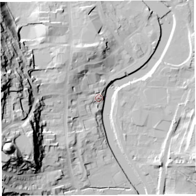 Shaded relief map of the ground around LA94DT, computed from Environment Agency LiDAR. The ground here sits at about 46 m above sea level and falls 55 m across the surrounding 800 m. Surface water reaching this point runs off ground lying to the north-west, 12.7 m higher.