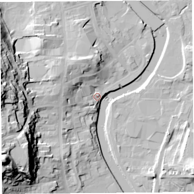 Shaded relief map of the ground around LA94DX, computed from Environment Agency LiDAR. The ground here sits at about 45 m above sea level and falls 55 m across the surrounding 800 m. Surface water reaching this point runs off ground lying to the west, 48.7 m higher.