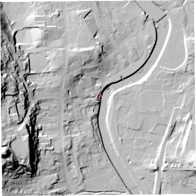 Shaded relief map of the ground around LA94DZ, computed from Environment Agency LiDAR. The ground here sits at about 44 m above sea level and falls 55 m across the surrounding 800 m. Surface water reaching this point runs off ground lying to the west, 49.7 m higher.