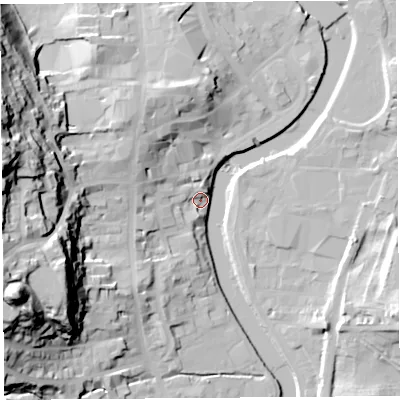 Shaded relief map of the ground around LA94EA, computed from Environment Agency LiDAR. The ground here sits at about 44 m above sea level and falls 55 m across the surrounding 800 m. Surface water reaching this point runs off ground lying to the west, 52.9 m higher.
