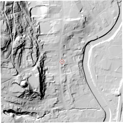 Shaded relief map of the ground around LA94ED, computed from Environment Agency LiDAR. The ground here sits at about 50 m above sea level and falls 78 m across the surrounding 800 m. Surface water reaching this point runs off ground lying to the west-north-west, 67.8 m higher.