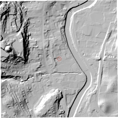 Shaded relief map of the ground around LA94ET, computed from Environment Agency LiDAR. The ground here sits at about 45 m above sea level and falls 58 m across the surrounding 800 m. Surface water reaching this point runs off ground lying to the west-north-west, 5.2 m higher.