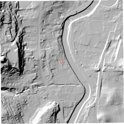 Shaded relief map of the ground around LA94EU, computed from Environment Agency LiDAR. The ground here sits at about 44 m above sea level and falls 56 m across the surrounding 800 m. Surface water reaching this point runs off ground lying to the west, 9.4 m higher.