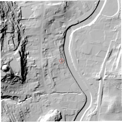 Shaded relief map of the ground around LA94EX, computed from Environment Agency LiDAR. The ground here sits at about 46 m above sea level and falls 56 m across the surrounding 800 m. Surface water reaching this point runs off ground lying to the west, 3.7 m higher.