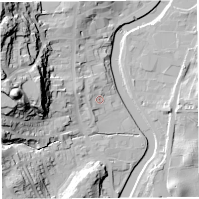 Shaded relief map of the ground around LA94EZ, computed from Environment Agency LiDAR. The ground here sits at about 45 m above sea level and falls 58 m across the surrounding 800 m. Surface water reaching this point runs off ground lying to the west-north-west, 8.3 m higher.