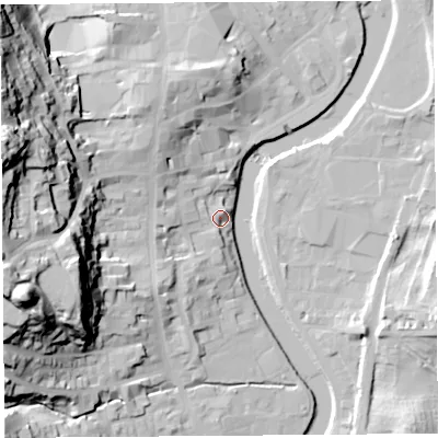 Shaded relief map of the ground around LA94HH, computed from Environment Agency LiDAR. The ground here sits at about 45 m above sea level and falls 57 m across the surrounding 800 m. Surface water reaching this point runs off ground lying to the west-north-west, 54.2 m higher.