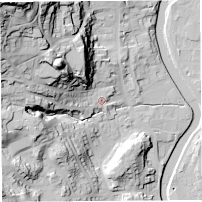 Shaded relief map of the ground around LA94JE, computed from Environment Agency LiDAR. The ground here sits at about 52 m above sea level and falls 82 m across the surrounding 800 m. Surface water reaching this point runs off ground lying to the north-west, 57.6 m higher.