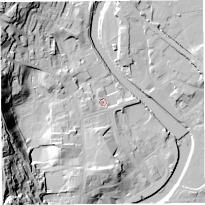 Shaded relief map of the ground around LA94LL, computed from Environment Agency LiDAR. The ground here sits at about 47 m above sea level and falls 54 m across the surrounding 800 m. Surface water reaching this point runs off ground lying to the west, 2.4 m higher.