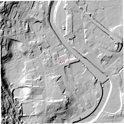 Shaded relief map of the ground around LA94LN, computed from Environment Agency LiDAR. The ground here sits at about 46 m above sea level and falls 52 m across the surrounding 800 m. Surface water reaching this point runs off ground lying to the west, 4.3 m higher.