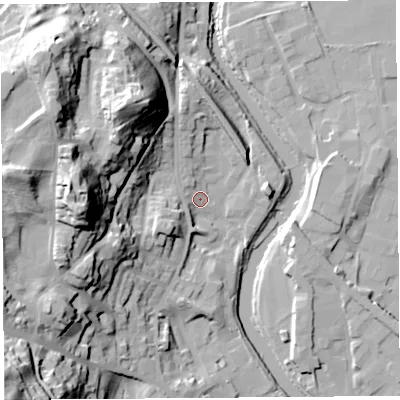 Shaded relief map of the ground around LA94QY, computed from Environment Agency LiDAR. The ground here sits at about 46 m above sea level and falls 52 m across the surrounding 800 m. Surface water reaching this point runs off ground lying to the west, 38.9 m higher.