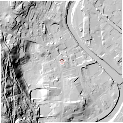 Shaded relief map of the ground around LA94RF, computed from Environment Agency LiDAR. The ground here sits at about 49 m above sea level and falls 75 m across the surrounding 800 m. Surface water reaching this point runs off ground lying to the south-west, 1.5 m higher.