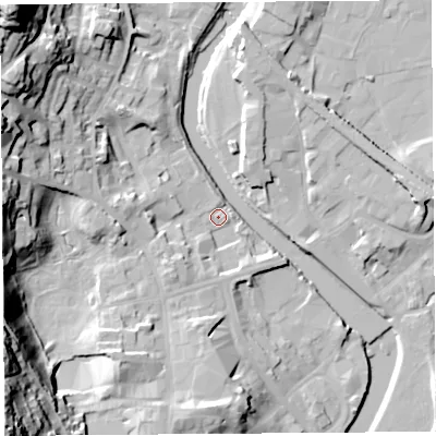 Shaded relief map of the ground around LA94RG, computed from Environment Agency LiDAR. The ground here sits at about 45 m above sea level and falls 48 m across the surrounding 800 m. Surface water reaching this point runs off ground lying to the south-west, 43.4 m higher.