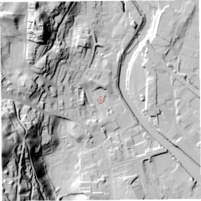 Shaded relief map of the ground around LA94RH, computed from Environment Agency LiDAR. The ground here sits at about 46 m above sea level and falls 67 m across the surrounding 800 m. Surface water reaching this point runs off ground lying to the north-west, 40.2 m higher.