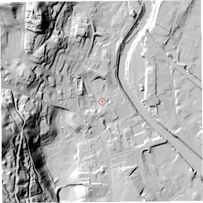Shaded relief map of the ground around LA94RJ, computed from Environment Agency LiDAR. The ground here sits at about 47 m above sea level and falls 73 m across the surrounding 800 m. Surface water reaching this point runs off ground lying to the west-north-west, 28.9 m higher.