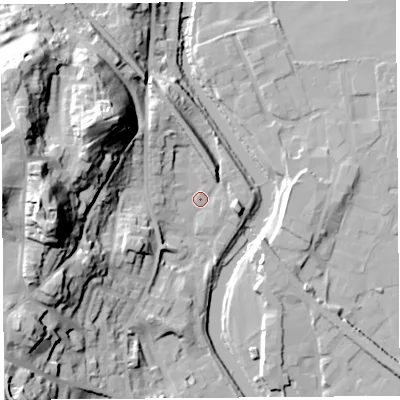 Shaded relief map of the ground around LA94RU, computed from Environment Agency LiDAR. The ground here sits at about 46 m above sea level and falls 44 m across the surrounding 800 m. Surface water reaching this point runs off ground lying to the west, 39.7 m higher.