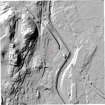 Shaded relief map of the ground around LA94RY, computed from Environment Agency LiDAR. The ground here sits at about 46 m above sea level and falls 44 m across the surrounding 800 m. Surface water reaching this point runs off ground lying to the north-north-west, 7.1 m higher.