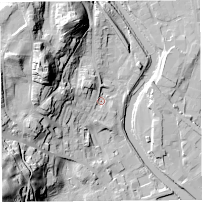 Shaded relief map of the ground around LA94SF, computed from Environment Agency LiDAR. The ground here sits at about 47 m above sea level and falls 71 m across the surrounding 800 m. Surface water reaching this point runs off ground lying to the west, 24.1 m higher.