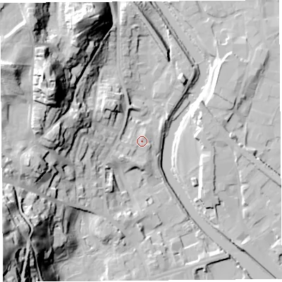 Shaded relief map of the ground around LA94TE, computed from Environment Agency LiDAR. The ground here sits at about 48 m above sea level and falls 62 m across the surrounding 800 m. Surface water reaching this point runs off ground lying to the west, 7.2 m higher.