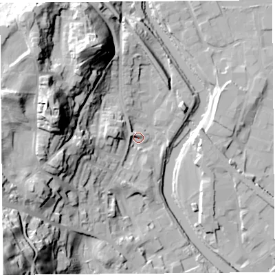 Shaded relief map of the ground around LA94TJ, computed from Environment Agency LiDAR. The ground here sits at about 48 m above sea level and falls 64 m across the surrounding 800 m. Surface water reaching this point runs off ground lying to the west-south-west, 24.6 m higher.