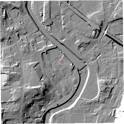 Shaded relief map of the ground around LA94UB, computed from Environment Agency LiDAR. The ground here sits at about 44 m above sea level and falls 30 m across the surrounding 800 m. Surface water reaching this point runs off ground lying to the west-north-west, 4.0 m higher.