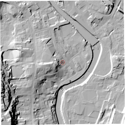 Shaded relief map of the ground around LA94XA, computed from Environment Agency LiDAR. The ground here sits at about 46 m above sea level and falls 41 m across the surrounding 800 m. Surface water reaching this point runs off ground lying to the west-south-west, 10.4 m higher.