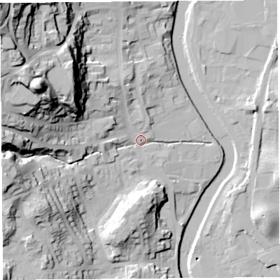 Shaded relief map of the ground around LA95AA, computed from Environment Agency LiDAR. The ground here sits at about 46 m above sea level and falls 67 m across the surrounding 800 m. Surface water reaching this point runs off ground lying to the west-north-west, 49.8 m higher.