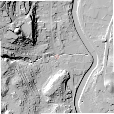 Shaded relief map of the ground around LA95AB, computed from Environment Agency LiDAR. The ground here sits at about 46 m above sea level and falls 63 m across the surrounding 800 m. Surface water reaching this point runs off ground lying to the north-west, 51.9 m higher.