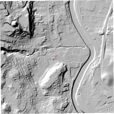Shaded relief map of the ground around LA95AD, computed from Environment Agency LiDAR. The ground here sits at about 46 m above sea level and falls 58 m across the surrounding 800 m. Surface water reaching this point runs off ground lying to the west, 28.1 m higher.