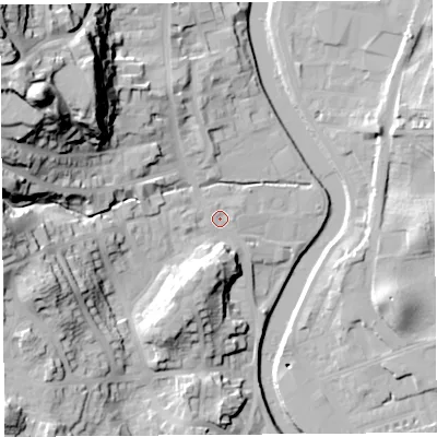 Shaded relief map of the ground around LA95AF, computed from Environment Agency LiDAR. The ground here sits at about 46 m above sea level and falls 57 m across the surrounding 800 m. Surface water reaching this point runs off ground lying to the west, 27.6 m higher.