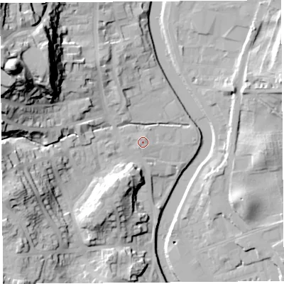 Shaded relief map of the ground around LA95AG, computed from Environment Agency LiDAR. The ground here sits at about 45 m above sea level and falls 57 m across the surrounding 800 m. Surface water reaching this point runs off ground lying to the west, 1.0 m higher.