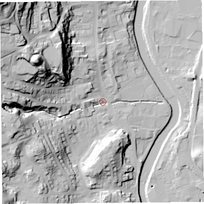 Shaded relief map of the ground around LA95AH, computed from Environment Agency LiDAR. The ground here sits at about 47 m above sea level and falls 72 m across the surrounding 800 m. Surface water reaching this point runs off ground lying to the west, 6.2 m higher.