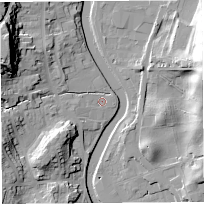 Shaded relief map of the ground around LA95AJ, computed from Environment Agency LiDAR. The ground here sits at about 42 m above sea level and falls 42 m across the surrounding 800 m. Surface water reaching this point runs off ground lying to the west-south-west, 3.7 m higher.