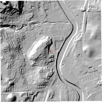 Shaded relief map of the ground around LA95AN, computed from Environment Agency LiDAR. The ground here sits at about 44 m above sea level and falls 57 m across the surrounding 800 m. Surface water reaching this point runs off ground lying to the west-north-west, 14.4 m higher.