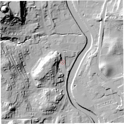 Shaded relief map of the ground around LA95AP, computed from Environment Agency LiDAR. The ground here sits at about 44 m above sea level and falls 57 m across the surrounding 800 m. Surface water reaching this point runs off ground lying to the west, 25.2 m higher.