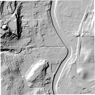 Shaded relief map of the ground around LA95AQ, computed from Environment Agency LiDAR. The ground here sits at about 44 m above sea level and falls 57 m across the surrounding 800 m. Surface water reaching this point runs off ground lying to the west-north-west, 51.1 m higher.